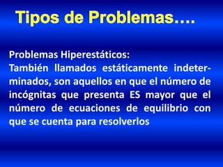 Problemas Hiperestáticos:
También llamados estáticamente indeter-
minados, son aquellos en que el número de
incógnitas que presenta ES mayor que el
número de ecuaciones de equilibrio con
que se cuenta para resolverlos
 