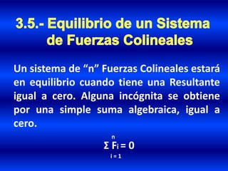 n
i = 1
Un sistema de “n” Fuerzas Colineales estará
en equilibrio cuando tiene una Resultante
igual a cero. Alguna incógnita se obtiene
por una simple suma algebraica, igual a
cero.
Σ Fi = 0
 