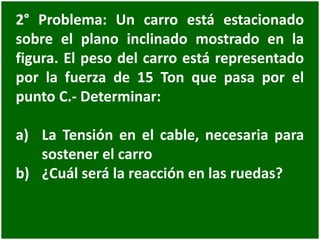 2° Problema: Un carro está estacionado
sobre el plano inclinado mostrado en la
figura. El peso del carro está representado
por la fuerza de 15 Ton que pasa por el
punto C.- Determinar:
a) La Tensión en el cable, necesaria para
sostener el carro
b) ¿Cuál será la reacción en las ruedas?
 