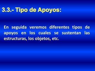En seguida veremos diferentes tipos de
apoyos en los cuales se sustentan las
estructuras, los objetos, etc.
 