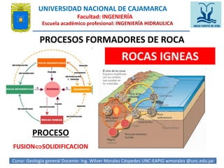 UNIVERSIDAD NACIONAL DE CAJAMARCA 
Facultad: INGENIERÍA 
Escuela académico profesional: INGENIERÍA HIDRAULICA 
PROCESOS FORMADORES DE ROCA 
ROCAS IGNEAS 
PROCESO 
FUSIONSOLIDIFICACION 
Curso: Geologia general Docente: Ing. Wilver Morales Céspedes UNC-EAPIG wmorales @unc.edu1.p5e 
 