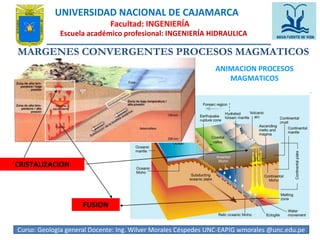 UNIVERSIDAD NACIONAL DE CAJAMARCA 
Facultad: INGENIERÍA 
Escuela académico profesional: INGENIERÍA HIDRAULICA 
MARGENES CONVERGENTES PROCESOS MAGMATICOS 
ANIMACION PROCESOS 
MAGMATICOS 
FUSION 
CRISTALIZACION 
Curso: Geologia general Docente: Ing. Wilver Morales Céspedes UNC-EAPIG wmorales @unc.edu2.p2e 
 