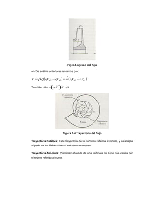 Fig.3.3.Ingreso del flujo
--> De análisis anteriores teníamos que:
( ) ( )11221122 uuuu VrVrmVrVrQT −=−=
•
ρ
También dAVVrxMto ⋅





=
→
ρ
Figura 3.4.Trayectoria del flujo
Trayectoria Relativa: Es la trayectoria de la partícula referida al rodete, y se adapta
al perfil de los álabes como si estuviera en reposo.
Trayectoria Absoluta: Velocidad absoluta de una partícula de fluido que circula por
el rodete referida al suelo.
 