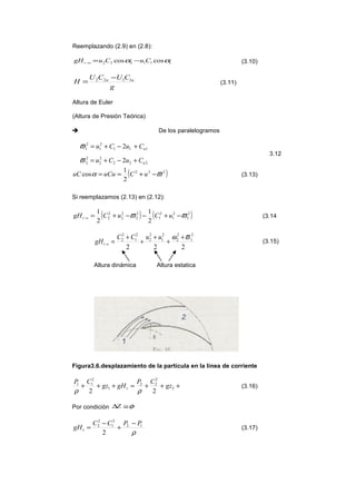 Reemplazando (2.9) en (2.8):
111222 coscos αα CuCugHr −=∞ (3.10)
g
CUCU
H uu 1122 −
= (3.11)
Altura de Euler
(Altura de Presión Teórica)
 De los paralelogramos
111
2
1
2
1 2 uCuCu +−+=ϖ
222
2
2
2
2 2 uCuCu +−+=ϖ
3.12
( )222
2
1
cos ϖα −+== uCuCuuC (3.13)
Si reemplazamos (2.13) en (2.12):
( ) ( )2
1
2
1
2
1
2
2
2
2
2
2
2
1
2
1
ϖϖ −+−−+=∞ uCuCgHr (3.14
222
2
1
2
2
2
1
2
2
2
1
2
2 ϖω +
+
+
+
+
=∞
uuCC
gHr
(3.15)
Altura dinámica Altura estatica
Figura3.6.desplazamiento de la partícula en la línea de corriente
+++=+++ 2
2
22
1
2
11
22
gz
CP
gHgz
CP
r
ρρ
(3.16)
Por condición φ≅∆Z
ρ
12
2
1
2
2
2
PPCC
gHr
−
+
−
= (3.17)
 