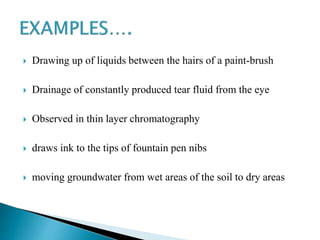  Drawing up of liquids between the hairs of a paint-brush 
 Drainage of constantly produced tear fluid from the eye 
 Observed in thin layer chromatography 
 draws ink to the tips of fountain pen nibs 
 moving groundwater from wet areas of the soil to dry areas 
 