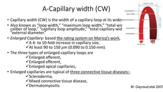 A-Capillary width (CW)
• Capillary width (CW) is the width of a capillary loop at its widest section.
• Also known as “loop width,” “maximum loop width,” “total width,” “total
caliber of loop,” “capillary loop amplitude,” “total capillary width,” and
“external diameter.”
• Enlarged Capillary: based the rating system on Maricq’s work,
A 4- to 10-fold increase in capillary size,
At least 90 to 150 𝜇m (0.090 to 0.150 mm).
• The three types of enlarged capillary loops are
Enlarged afferent,
Enlarged efferent,
Enlarged apical capillaries,
• Enlarged capillaries are typical of three connective tissue diseases:-
Scleroderma,
Mixed connective tissue disease,
Dermatomyositis M. Gayraud,etal 2007
 
