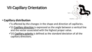 VII-Capillary Orientation
• Capillary distribution
Is affected by the changes in the shape and direction of capillaries.
(i) Capillary direction is expressed as the angle between a vertical line
and the vector associated with the highest proper value.
(ii) Capillary polarity is defined as the standard deviation of all the
capillary directions.
 