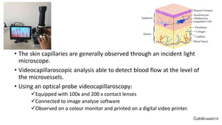 • The skin capillaries are generally observed through an incident light
microscope.
• Videocapillaroscopic analysis able to detect blood flow at the level of
the microvessels.
• Using an optical probe videocapillaroscopy:
Equipped with 100x and 200 x contact lenses
Connected to image analyse software
Observed on a colour monitor and printed on a digital video printer.
Cutoloetal2019
 