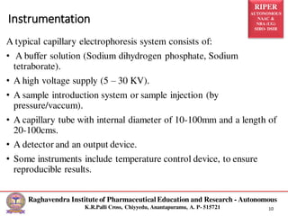 RIPER
AUTONOMOUS
NAAC &
NBA (UG)
SIRO- DSIR
Raghavendra Institute of Pharmaceutical Education and Research - Autonomous
K.R.Palli Cross, Chiyyedu, Anantapuramu, A. P- 515721 10
Instrumentation
A typical capillary electrophoresis system consists of:
• A buffer solution (Sodium dihydrogen phosphate, Sodium
tetraborate).
• A high voltage supply (5 – 30 KV).
• A sample introduction system or sample injection (by
pressure/vaccum).
• A capillary tube with internal diameter of 10-100mm and a length of
20-100cms.
• A detector and an output device.
• Some instruments include temperature control device, to ensure
reproducible results.
 