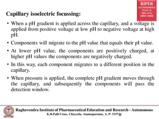 RIPER
AUTONOMOUS
NAAC &
NBA (UG)
SIRO- DSIR
Raghavendra Institute of Pharmaceutical Education and Research - Autonomous
K.R.Palli Cross, Chiyyedu, Anantapuramu, A. P- 515721
16
• When a pH gradient is applied across the capillary, and a voltage is
applied from positive voltage at low pH to negative voltage at high
pH.
• Components will migrate to the pH value that equals their pI value.
• At lower pH value, the components are positively charged, at
higher pH values the components are negatively charged.
• In this way, each component migrates to a different position in the
capillary.
• When pressure is applied, the complete pH gradient moves through
the capillary, and subsequently the components will pass the
detection window.
Capillary isoelectric focussing:
 