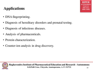 RIPER
AUTONOMOUS
NAAC &
NBA (UG)
SIRO- DSIR
Raghavendra Institute of Pharmaceutical Education and Research - Autonomous
K.R.Palli Cross, Chiyyedu, Anantapuramu, A. P- 515721 22
• DNA fingerprinting.
• Diagnosis of hereditary disorders and prenatal testing.
• Diagnosis of infectious diseases.
• Analysis of pharmaceuticals.
• Protein characterization.
• Counter-ion analysis in drug discovery.
Applications
 