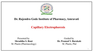 1
Dr. Rajendra Gode Institute of Pharmacy, Amravati
Capillary Electrophoresis
Presented by
Shraddha S. Raut
M. Pharm (Pharmacology)
Guided by
Dr. Pramod V. Burakale
M. Pharm, Phd
 