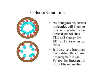 Column Condition
• As time goes on, certain
molecules will block or
otherwise neutralize the
ionized silanol sites.
This will change the
EOF and alter retention
times.
• It is also very important
to condition the column
properly before use.
Follow the directions in
the published method.
 
