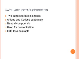 CAPILLARY ISOTACHOPHORESIS
 Two buffers form ionic zones
 Anions and Cations seperately
 Neutral compounds
 Used for concentration
 EOF less desirable
 