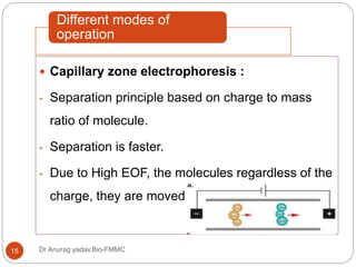 Different modes of
operation
Dr Anurag yadav,Bio-FMMC15
 Capillary zone electrophoresis :
- Separation principle based on charge to mass
ratio of molecule.
- Separation is faster.
- Due to High EOF, the molecules regardless of the
charge, they are moved to cathode.
 