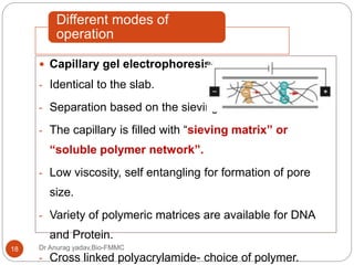 Different modes of
operation
Dr Anurag yadav,Bio-FMMC18
 Capillary gel electrophoresis:
- Identical to the slab.
- Separation based on the sieving.
- The capillary is filled with “sieving matrix” or
“soluble polymer network”.
- Low viscosity, self entangling for formation of pore
size.
- Variety of polymeric matrices are available for DNA
and Protein.
- Cross linked polyacrylamide- choice of polymer.
 