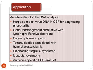 Application
Dr Anurag yadav,Bio-FMMC29
An alternative for the DNA analysis.
 Herpes simplex virus DNA in CSF for diagnosing
encephalitis.
 Gene rearrangement correlative with
lymphoproliferative disorders.
 Polymorphisms in gene.
 Tetranucleotide associated with
hypercholesterolemia.
 Diagnosing fragile X syndrome.
 Muscular dystrophy.
 Anthracis specific PCR product.
 