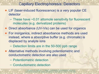 Capillary Electrophoresis: Detectors
• LIF (laser-induced fluorescence) is a very popular CE
detector
– These have ~0.01 attomole sensitivity for fluorescent
molecules (e.g. derivatized proteins)
• Direct absorbance (UV-Vis) can be used for organics
• For inorganics, indirect absorbance methods are used
instead, where a absorptive buffer (e.g. chromate) is
displaced by analyte ions
– Detection limits are in the 50-500 ppb range
• Alternative methods involving potentiometric and
conductometric detection are also used
– Potentiometric detection
– Conductometric detection
J. Tanyanyiwa, S. Leuthardt, P. C. Hauser, Conductimetric and potentiometric detection in
conventional and microchip capillary electrophoresis, Electrophoresis 2002, 23, 3659–3666
 
