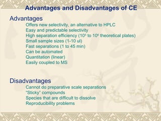 Advantages
Offers new selectivity, an alternative to HPLC
Easy and predictable selectivity
High separation efficiency (105
to 106
theoretical plates)
Small sample sizes (1-10 ul)
Fast separations (1 to 45 min)
Can be automated
Quantitation (linear)
Easily coupled to MS
Disadvantages
Cannot do preparative scale separations
“Sticky” compounds
Species that are difficult to dissolve
Reproducibility problems
Advantages and Disadvantages of CE
 