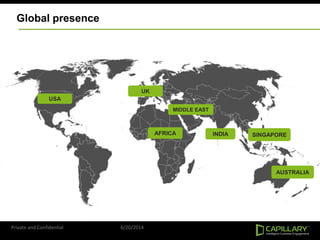AFRICA
USA
MIDDLE EAST
INDIA
UK
SINGAPORE
AUSTRALIA
Global presence
Private and Confidential 6/20/2014
 