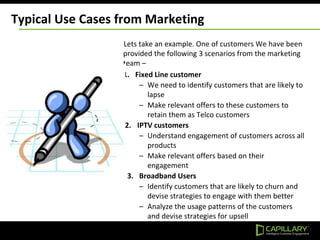 Typical Use Cases from Marketing
Lets take an example. One of customers We have been
provided the following 3 scenarios from the marketing
team –
1. Fixed Line customer
– We need to identify customers that are likely to
lapse
– Make relevant offers to these customers to
retain them as Telco customers
2. IPTV customers
– Understand engagement of customers across all
products
– Make relevant offers based on their
engagement
3. Broadband Users
– Identify customers that are likely to churn and
devise strategies to engage with them better
– Analyze the usage patterns of the customers
and devise strategies for upsell
 