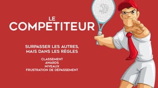LE  
COMPETITEUR
surpasser les autres,
mais dans les règles
Classement
awards
niveaux
frustration de dépassement
 