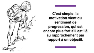 C’est simple: la
motivation vient du
sentiment de
progression, qui est
encore plus fort s’il est lié
au rapprochement par
rapport à un objectif.
 