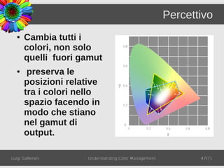 Percettivo
  ●   Cambia tutti i
      colori, non solo
      quelli fuori gamut
  ●    preserva le
      posizioni relative
      tra i colori nello
      spazio facendo in
      modo che stiano
      nel gamut di
      output.

Luigi Gallerani      Understanding Color Management          47/71
 