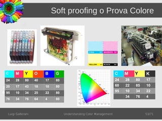 Soft proofing o Prova Colore




 C      M      Y     O    B     G                                     C    M    Y    K
 24     28     80    40   17    80                                    24   28   80   17
                                                                      60   22   85   10
7 20    17     43    18   10    80
6 95    10     34    25   22    80                                    95   10   34   22
                                                                           34   76   4
 76     34     76    64   4     80



   Luigi Gallerani                   Understanding Color Management                  53/71
 