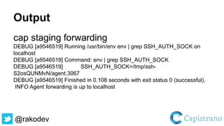 @rakodev
Output
cap staging forwarding
DEBUG [a9546519] Running /usr/bin/env env | grep SSH_AUTH_SOCK on
localhost
DEBUG [a9546519] Command: env | grep SSH_AUTH_SOCK
DEBUG [a9546519] SSH_AUTH_SOCK=/tmp/ssh-
S2osQUNMvN/agent.3067
DEBUG [a9546519] Finished in 0.108 seconds with exit status 0 (successful).
INFO Agent forwarding is up to localhost
 