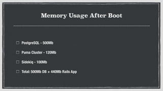 Memory Usage After Boot
PostgreSQL - 500Mb
Puma Cluster - 120Mb
Sidekiq - 100Mb
Total: 500Mb DB + 440Mb Rails App
 
