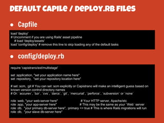 DEFAULT Capile / deploy.rb files
● Capfile
load 'deploy'
# Uncomment if you are using Rails' asset pipeline
# load 'deploy...
