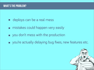 WHAT’S THE PROBLEM?



       deploys can be a real mess

       mistakes could happen very easily
       you don’t mess with the production
       you’re actually delaying bug ﬁxes, new features etc.
 