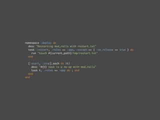 namespace :deploy do
  desc "Restarting mod_rails with restart.txt"
  task :restart, :roles => :app, :except => { :no_release => true } do
    run "touch #{current_path}/tmp/restart.txt"
  end

  [:start, :stop].each do |t|
    desc "#{t} task is a no-op with mod_rails"
    task t, :roles => :app do ; end
  end
end
 