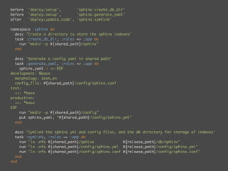 before   'deploy:setup',       'sphinx:create_db_dir'
before   'deploy:setup',       'sphinx:generate_yaml'
after    'deploy:update_code', 'sphinx:symlink'

namespace :sphinx do
  desc 'Create a directory to store the sphinx indexes'
  task :create_db_dir, :roles => :app do
    run "mkdir -p #{shared_path}/sphinx"
  end

  desc 'Generate a config yaml in shared path'
  task :generate_yaml, :roles => :app do
    sphinx_yaml = <<-EOF
development: &base
  morphology: stem_en
  config_file: #{shared_path}/config/sphinx.conf
test:
  <<: *base
production:
  <<: *base
EOF
    run "mkdir -p #{shared_path}/config"
    put sphinx_yaml, "#{shared_path}/config/sphinx.yml"
  end

  desc 'Symlink the sphinx yml and config files, and the db directory for storage of indexes'
  task :symlink, :roles => :app do
    run "ln -nfs #{shared_path}/sphinx             #{release_path}/db/sphinx"
    run "ln -nfs #{shared_path}/config/sphinx.yml #{release_path}/config/sphinx.yml"
    run "ln -nfs #{shared_path}/config/sphinx.conf #{release_path}/config/sphinx.conf"
  end
end
 