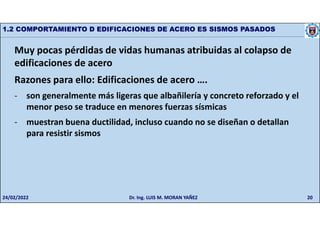 20
1.2 COMPORTAMIENTO D EDIFICACIONES DE ACERO ES SISMOS PASADOS
Muy pocas pérdidas de vidas humanas atribuidas al colapso de
edificaciones de acero
Razones para ello: Edificaciones de acero ….
- son generalmente más ligeras que albañilería y concreto reforzado y el
menor peso se traduce en menores fuerzas sísmicas
- muestran buena ductilidad, incluso cuando no se diseñan o detallan
para resistir sismos
24/02/2022 Dr. Ing. LUIS M. MORAN YAÑEZ
 