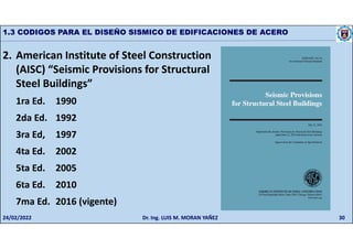 30
1.3 CODIGOS PARA EL DISEÑO SISMICO DE EDIFICACIONES DE ACERO
2. American Institute of Steel Construction
(AISC) “Seismic Provisions for Structural
Steel Buildings”
1ra Ed. 1990
2da Ed. 1992
3ra Ed, 1997
4ta Ed. 2002
5ta Ed. 2005
6ta Ed. 2010
7ma Ed. 2016 (vigente)
24/02/2022 Dr. Ing. LUIS M. MORAN YAÑEZ
 