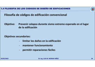34
1.4 FILOSOFIA DE LOS CODIGOS DE DISEÑO DE EDIFICACIONES
Filosofía de códigos de edificación convencional
Objetivo: Prevenir colapso durante sismo extremo esperado en el lugar
de la edificación
Objetivos secundarios:
- limitar los daños en la edificación
- mantener funcionamiento
- permitir reparaciones fáciles
24/02/2022 Dr. Ing. LUIS M. MORAN YAÑEZ
 