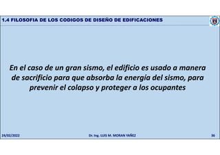 36
1.4 FILOSOFIA DE LOS CODIGOS DE DISEÑO DE EDIFICACIONES
En el caso de un gran sismo, el edificio es usado a manera
de sacrificio para que absorba la energía del sismo, para
prevenir el colapso y proteger a los ocupantes
24/02/2022 Dr. Ing. LUIS M. MORAN YAÑEZ
 