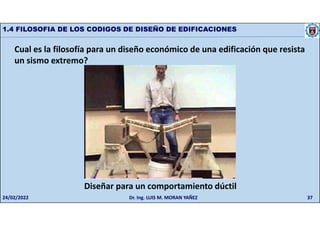 37
1.4 FILOSOFIA DE LOS CODIGOS DE DISEÑO DE EDIFICACIONES
Cual es la filosofía para un diseño económico de una edificación que resista
un sismo extremo?
Diseñar para un comportamiento dúctil
24/02/2022 Dr. Ing. LUIS M. MORAN YAÑEZ
 