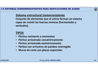 58
1.6 SISTEMAS SISMORRESISTENTES PARA EDIFICACIONES DE ACERO
Sistema estructural sismorresistente
Conjunto de elementos que al unirse forman un sistema
capaz de resistir las fuerzas sísmicas (horizontales y
verticales).
TIPOS
• Pórtico resistente a momentos
• Pórtico arriostrado concéntricamente
• Pórtico arriostrado excéntricamente
• Pórtico con arriostres de pandeo restringido
• Muros de corte con placas especiales
24/02/2022 Dr. Ing. LUIS M. MORAN YAÑEZ
 