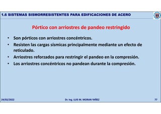 77
1.6 SISTEMAS SISMORRESISTENTES PARA EDIFICACIONES DE ACERO
Pórtico con arriostres de pandeo restringido
• Son pórticos con arriostres concéntricos.
• Resisten las cargas sísmicas principalmente mediante un efecto de
reticulado.
• Arriostres reforzados para restringir el pandeo en la compresión.
• Los arriostres concéntricos no pandean durante la compresión.
24/02/2022 Dr. Ing. LUIS M. MORAN YAÑEZ
 