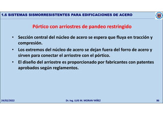 86
1.6 SISTEMAS SISMORRESISTENTES PARA EDIFICACIONES DE ACERO
Pórtico con arriostres de pandeo restringido
• Sección central del núcleo de acero se espera que fluya en tracción y
compresión.
• Los extremos del núcleo de acero se dejan fuera del forro de acero y
sirven para conectar el arriostre con el pórtico.
• El diseño del arriostre es proporcionado por fabricantes con patentes
aprobados según reglamentos.
24/02/2022 Dr. Ing. LUIS M. MORAN YAÑEZ
 