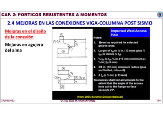 CAP. 2: PORTICOS RESISTENTES A MOMENTOS
2.4 MEJORAS EN LAS CONEXIONES VIGA-COLUMNA POST SISMO
Mejoras en el diseño
de la conexión
Mejoras en agujero
del alma
27/02/2022 Dr. Ing. LUIS M. MORAN YAÑEZ 124
 