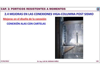 CAP. 2: PORTICOS RESISTENTES A MOMENTOS
2.4 MEJORAS EN LAS CONEXIONES VIGA-COLUMNA POST SISMO
Mejoras en el diseño de la conexión
CONEXIÓN ALAS CON CARTELAS
27/02/2022 Dr. Ing. LUIS M. MORAN YAÑEZ 130
 
