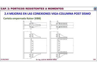 CAP. 2: PORTICOS RESISTENTES A MOMENTOS
2.4 MEJORAS EN LAS CONEXIONES VIGA-COLUMNA POST SISMO
Cartela empernada Kaiser (KBB)
27/02/2022 Dr. Ing. LUIS M. MORAN YAÑEZ 158
 
