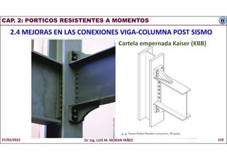 CAP. 2: PORTICOS RESISTENTES A MOMENTOS
2.4 MEJORAS EN LAS CONEXIONES VIGA-COLUMNA POST SISMO
Cartela empernada Kaiser (KBB)
27/02/2022 Dr. Ing. LUIS M. MORAN YAÑEZ 159
 