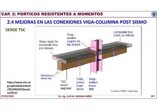 CAP. 2: PORTICOS RESISTENTES A MOMENTOS
2.4 MEJORAS EN LAS CONEXIONES VIGA-COLUMNA POST SISMO
SENSE TSC
http://www.aisc.or
g/uploadedcontent
/2012NASCCSessio
ns/N11/
27/02/2022 Dr. Ing. LUIS M. MORAN YAÑEZ 167
 