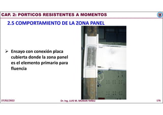 CAP. 2: PORTICOS RESISTENTES A MOMENTOS
2.5 COMPORTAMIENTO DE LA ZONA PANEL
 Ensayo con conexión placa
cubierta donde la zona panel
es el elemento primario para
fluencia
27/02/2022 Dr. Ing. LUIS M. MORAN YAÑEZ 176
 