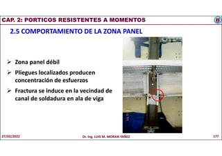 CAP. 2: PORTICOS RESISTENTES A MOMENTOS
2.5 COMPORTAMIENTO DE LA ZONA PANEL
 Zona panel débil
 Pliegues localizados producen
concentración de esfuerzos
 Fractura se induce en la vecindad de
canal de soldadura en ala de viga
27/02/2022 Dr. Ing. LUIS M. MORAN YAÑEZ 177
 